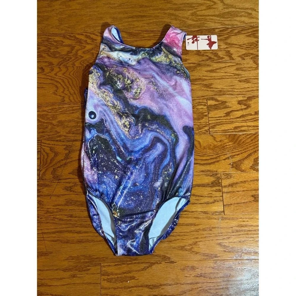 Girls Gymnastic Leotard Galaxy Cosmic Marble Purple Sleeveless Size 14 NWT